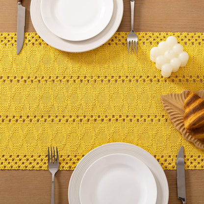 Socomi Boho Table Runner Easter Spring Farmhouse Rustic Dining Kitchen Centerpiece Decor Small Macrame Woven Cotton Linen Coffee Table Runner for Dresser Scarf Home Decor 12x60 in Yellow Gold