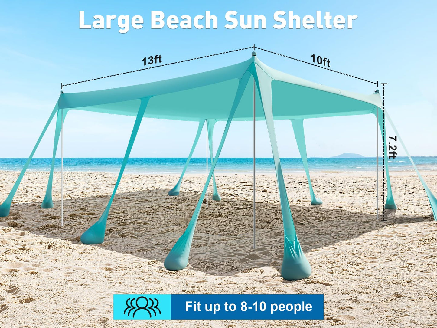 Beach Tent Sun Shelter 13x10FT, UPF50+ Outdoor Beach Shade Canopy with 10 Sandbags, Sand Shovel, Ground Pegs & Stability Poles, Beach Canopy Tent for Camping, Fishing, Picnics, Trips