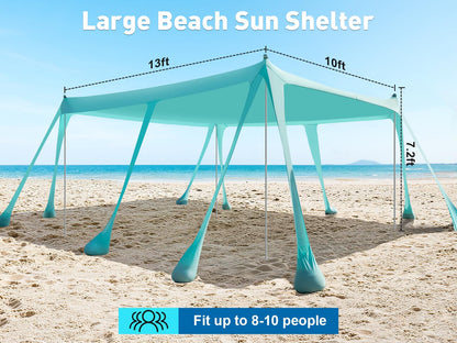 Beach Tent Sun Shelter 13x10FT, UPF50+ Outdoor Beach Shade Canopy with 10 Sandbags, Sand Shovel, Ground Pegs & Stability Poles, Beach Canopy Tent for Camping, Fishing, Picnics, Trips