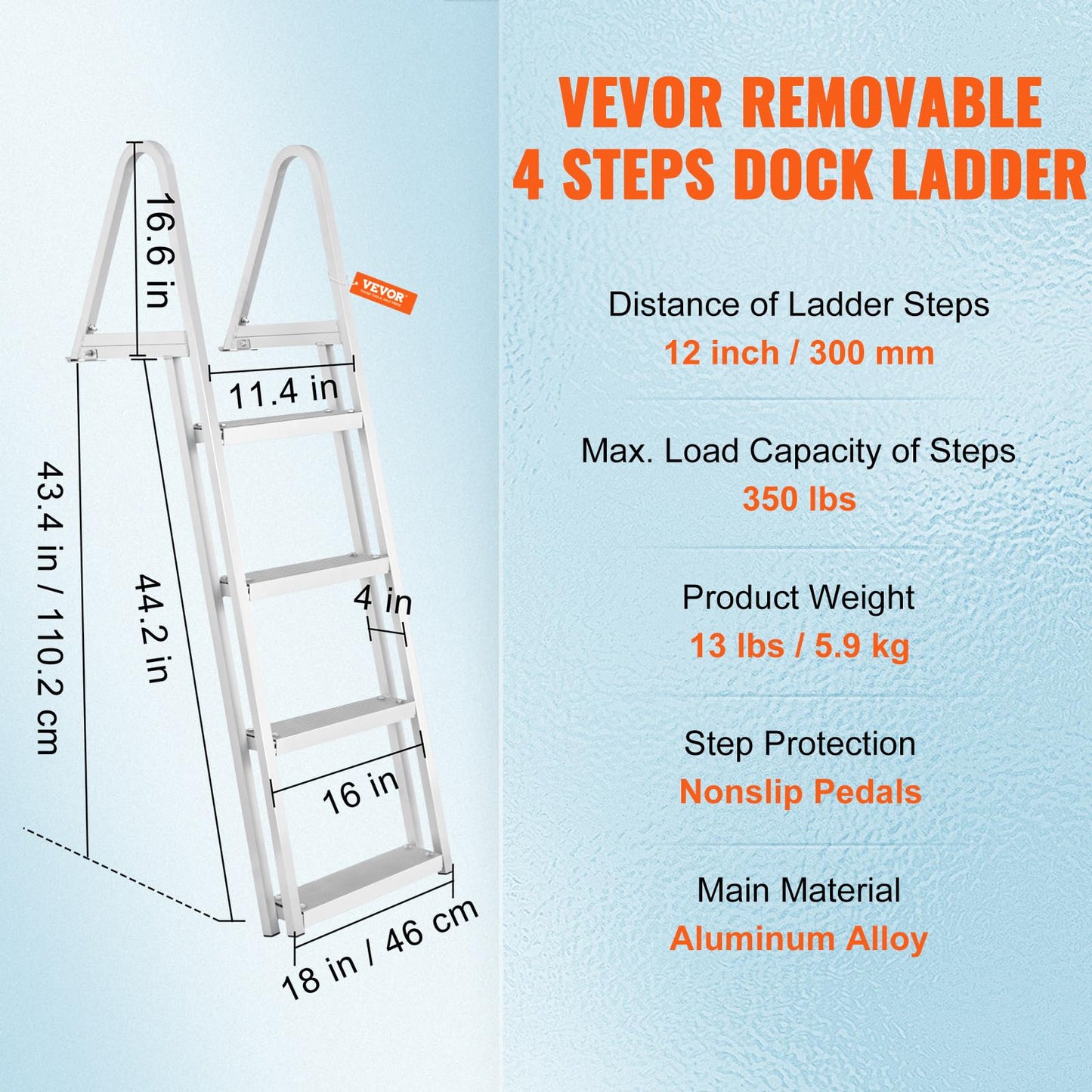 VEVOR Removable Dock Ladder 4 Steps, 350 lbs Load Capacity, Pontoon Boat Ladder with 4'' Wide Step & Nonslip Mat for Ship/Lake/Pool/Marine Boarding