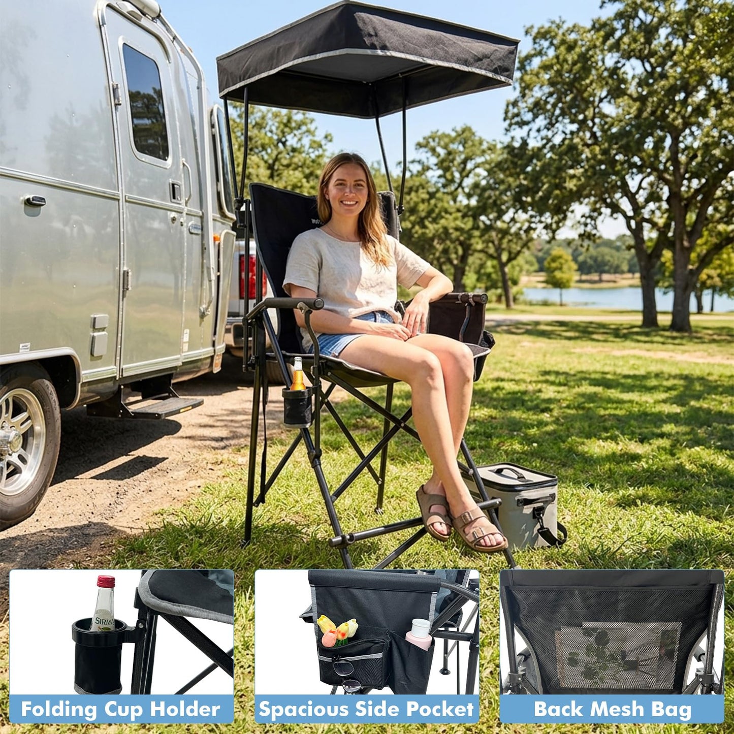 WKFAMOUT 27" Tall Folding Director Chair Oversized with Canopy Shade for Adults Heavy Duty Camping Chair Portable with Footrest & Carry Bag Supports 300 lbs