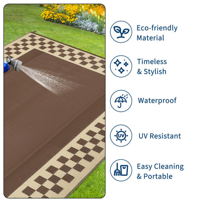 GAOMON Patio Modern Checkered Outdoor Rug 10x14 Waterproof Large Reversible Camping Mat Foldable Lightweight Plastic Straw Outdoor Rug for Deck, Picnic, Porch, Camper, Balcony, Beach, Rv, Brown