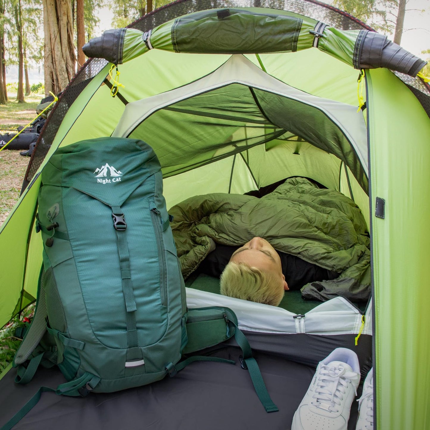Night Cat Ultralight Tunnel Tent: Waterproof Lightweight Single People Backpacking Tent for Outdoor Camping Hiking Trekking with Double Layers Aluminum Poles and Footprint 1 Person Green