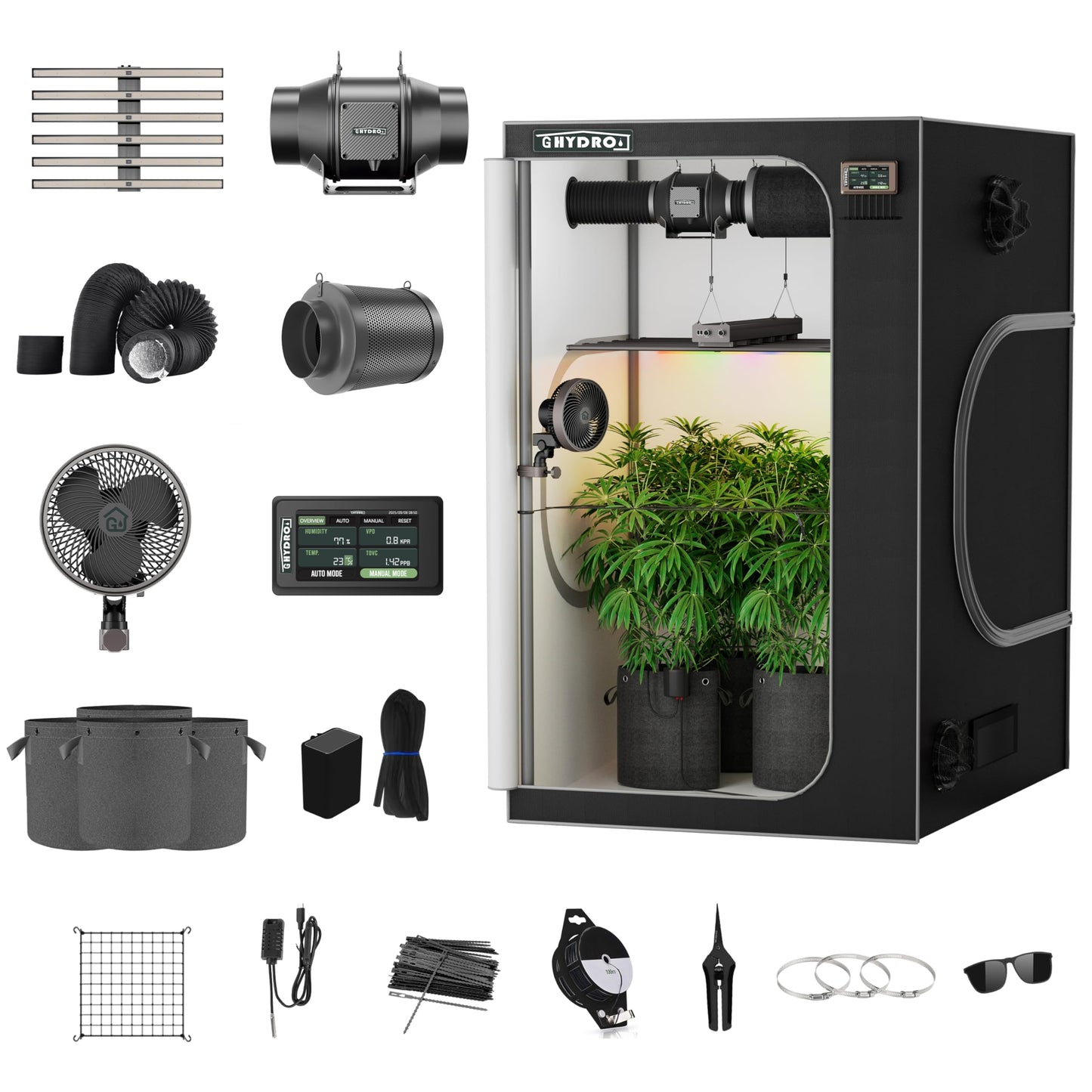 G HYDRO 4x4 Grow Tent Kit Complete System with WiFi App Control, 2000D Oxford Canvas, Black, Indoor Plant Growing Enclosure