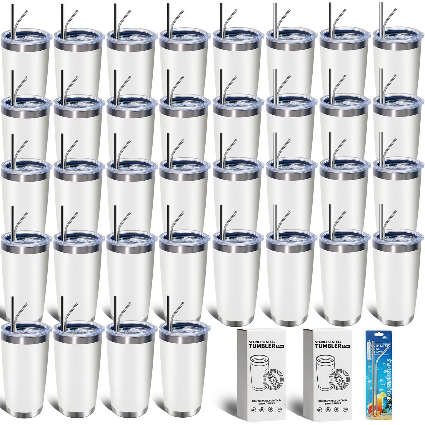 HAOLI 36 Pack, 20oz Stainless Steel Bulk Tumblers with Lids and Straws, Leakproof Double Wall Travel Mug for Hot/Cold Drinks, Home Office Outdoor Party, Durable Powder Coated Insulated Cup/White
