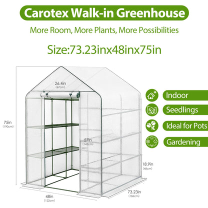 Carotex Walk-in Greenhouse, 48 x 73 x 75 Inch Outdoor Plant Green House with 3 Tiers 12 Shelves, Heavy Duty Steel Frame & Thicken PE Cover, Portable Greenhouses for Balcony, Patio, Deck, Gardening