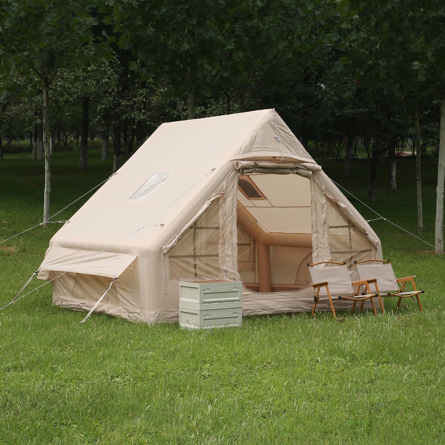 2026 New Inflatable Tent for Camping 68 sq.ft, 4 Person Blow Up Tent with Stove Jack & Hand Pump, Khaki Waterproof Oxford Air Glamping Tent, Easy Setup 4 Season Luxury Cabin Tent for Outdoor Family