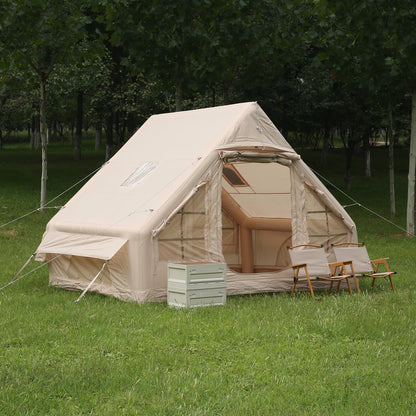 2026 New Inflatable Tent for Camping 68 sq.ft, 4 Person Blow Up Tent with Stove Jack & Hand Pump, Khaki Waterproof Oxford Air Glamping Tent, Easy Setup 4 Season Luxury Cabin Tent for Outdoor Family