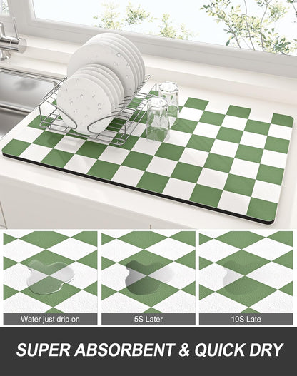 Rnivvi Dish Drying Mat - Absorbent Non-Slip Draining Pad for Kitchen Counter | 12 x 19 Inches, Green & White Checkered