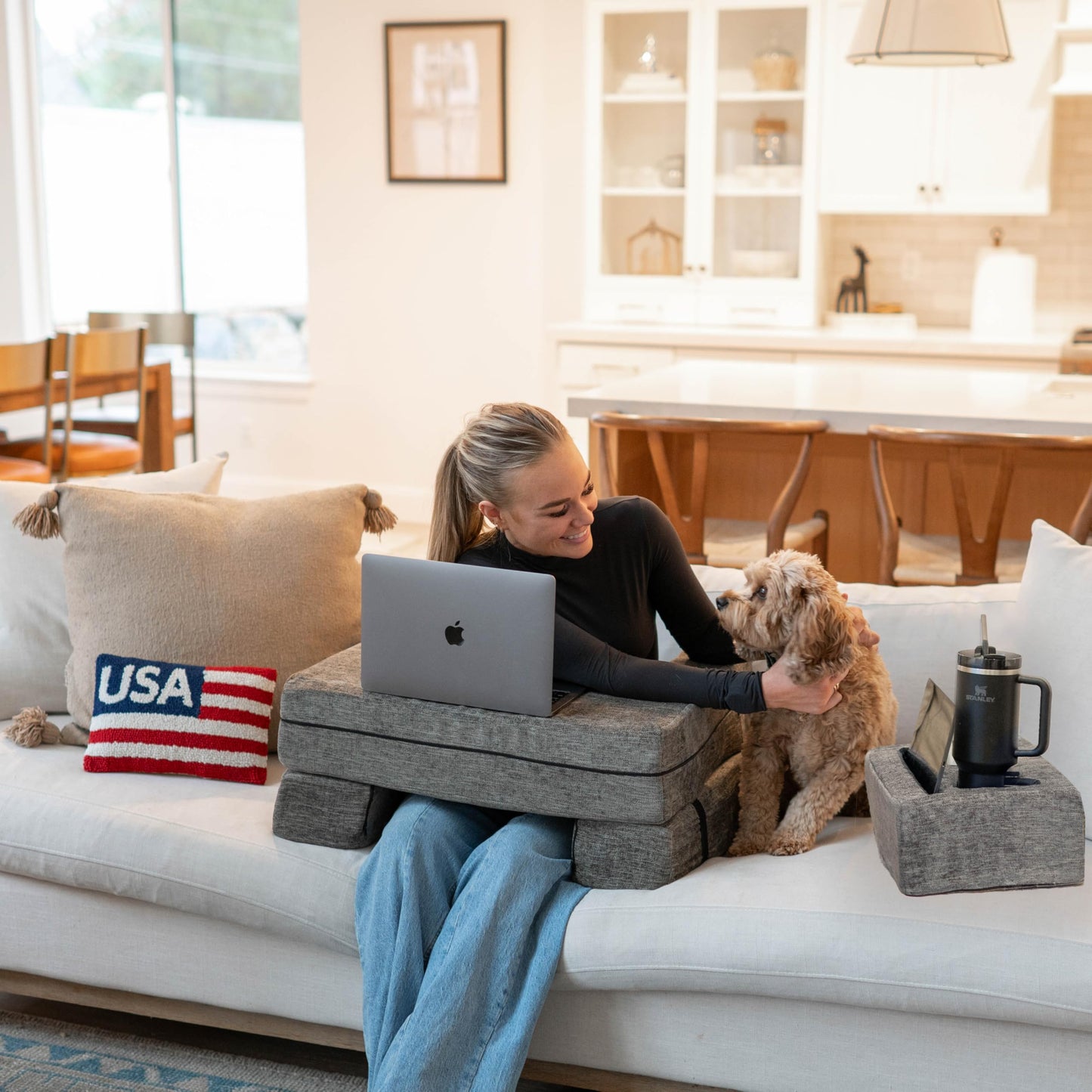 Adjustable Reading Pillow for Gaming, Work from Home, Laptop Pillow Desk with Cup & Phone Holder, Memory Foam Lap Desk Pillow for College Students, Extra Large Arm Rest Pillow for Working, Reading