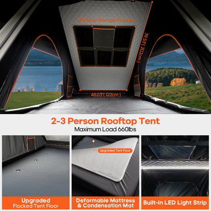 Adventurer Pro Rooftop Tent Hard Shell with Side Awning&LED Light Strip, 2-3 Person Roof Top Tent for 4 Season Camping, Aluminum Pop Up Roof Tent for Truck Jeep SUV Van Trailer