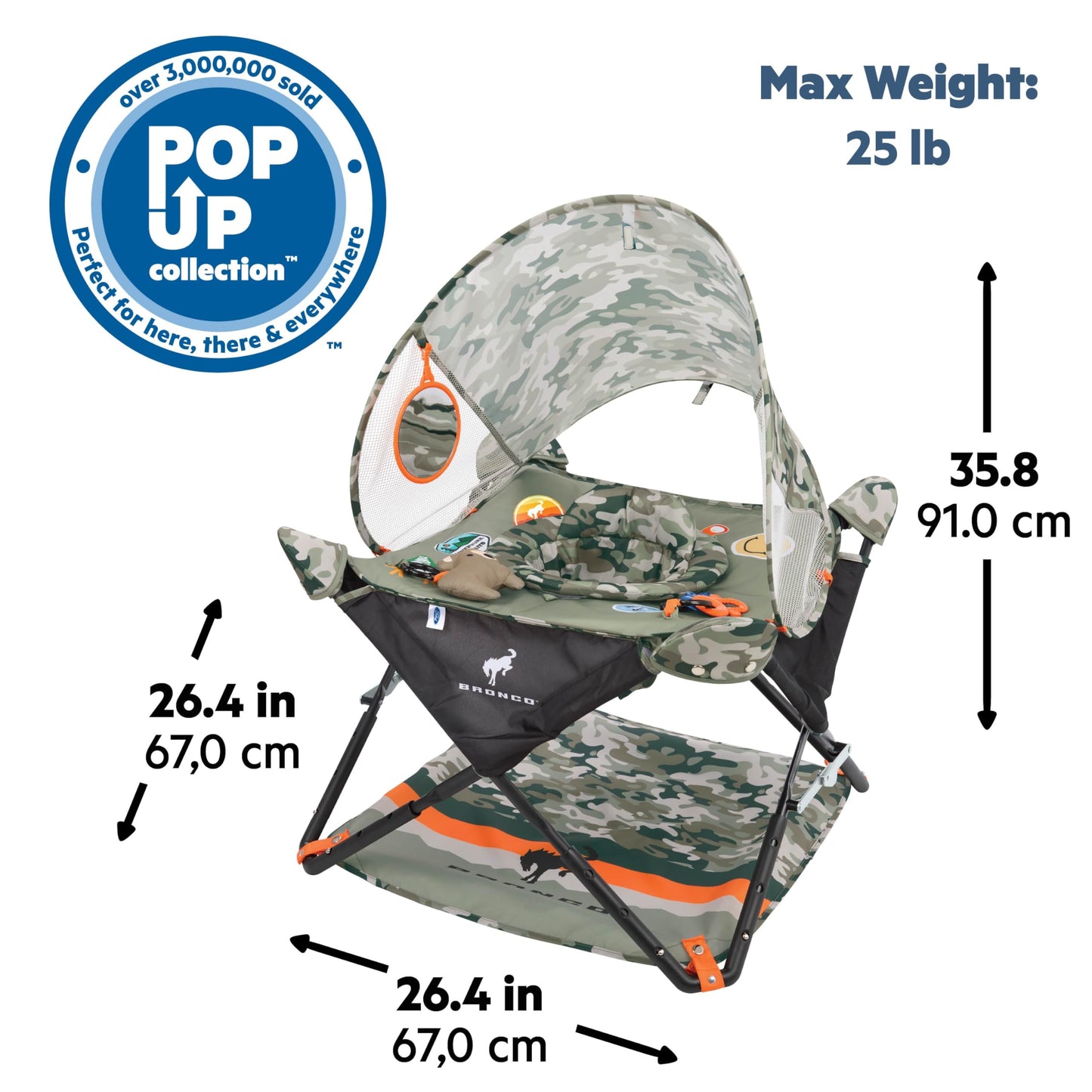 Bright Starts Ford Bronco Pop 'N Jump Portable Baby Jumper, Foldable Indoor/Outdoor Baby Jumper with Sensory Activities, Ages 6-12 Months