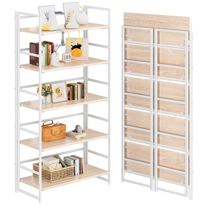 4NM No Assembly 5 Tier Collapsible Book Shelves, 51.2" H x 23.6" W Folding Bookshelf Bookcase Open Industrial Foldable Shelf for Bedroom, Living Room, Home Office - Natural White