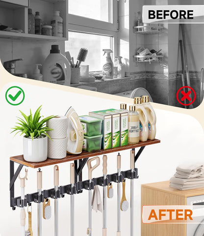 Skiennix Broom Holder Wall Mount - Space-Saving Organizer with 8 Slots & 10 Hooks | Ideal for Laundry Room & Garage