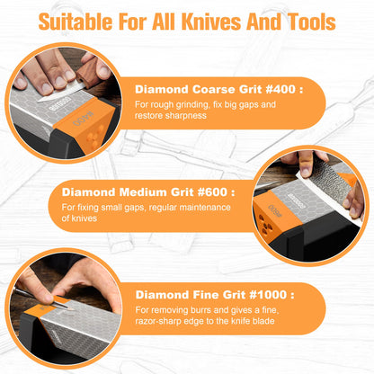 Extra Large Diamond Sharpening Stone Set 3 Side Grit 400/600/1000 Premium Industrial Diamond Knife Sharpener Suitable for Steel of any Hardness with Angle Guide and Non-Slip Base (GB-3DL)