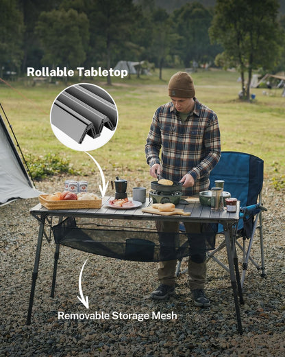 Gonex 50" Camping Table with Adjustable Height Legs for Uneven Ground, Portable Folding Aluminum Roll Up Table with Mesh Pocket for Camping, Picnic, BBQ, Cooking, Beach