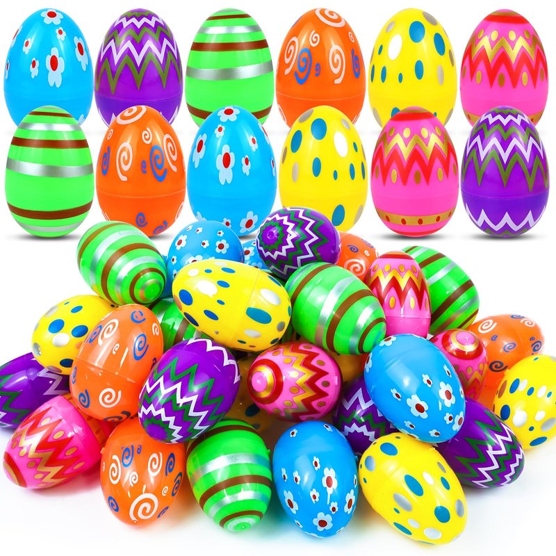 JOHOSEEK Plastic Easter Eggs Fillable, 36 PCS Printed Bright Easter Eggs Empty, Colorful Eggs for Easter Gifts Party Favors Eggs Hunt, Easter Basket Stuffers, Plastic Eggs Bulk