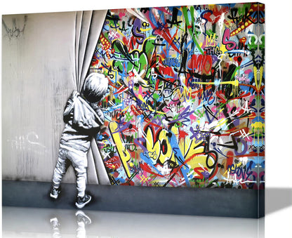 Banksy Wall Art Graffiti Canvas - 16x24 Inches Built-in Wooden Frame, Lightweight & Ready to Hang, Banksy Behind the Curtain Canvas Wall Art Street Prints for Office, Bedroom, Modern Home Decor