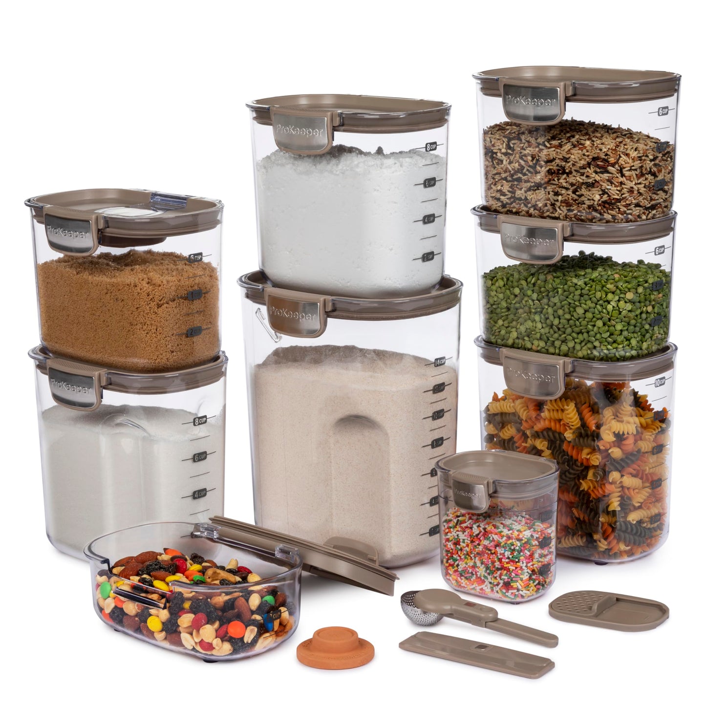 ProKeeper+ Airtight Food Storage Container Set – Clear Plastic Flour and Sugar Canister Set with Magnetic Accessories for Kitchen Organization (Taupe, 13-Piece)