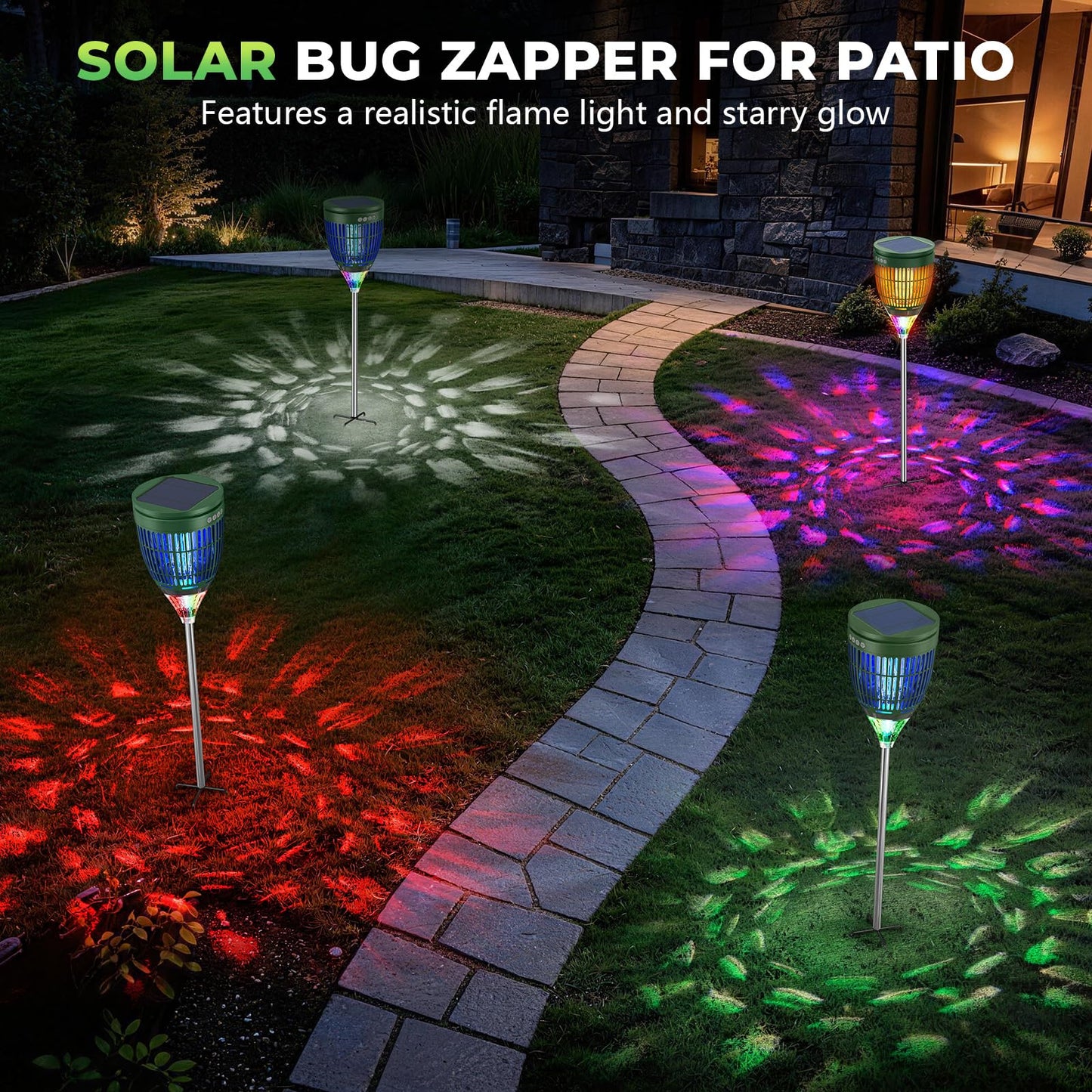 Solar Bug Zapper Outdoor Waterproof with Flame Effect Light, 10 Starry Ambient Light with Breathing Effect Height Adjustable with Ground Stake for Patio, Garden, Yard & Pathway (Green)