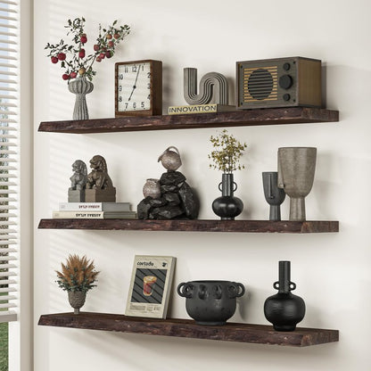 Floating Shelves for Wall, 48"x9.3" Rustic Solid Live-Edge Elm Wood Wall Shelves, Heavy-Duty Floating Shelves with Invisible Brackets, Set of 2 for Living Room, Bedroom, and Kitchen, Walnut Finish