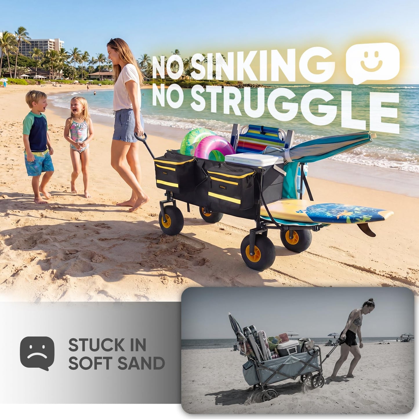 Sekey Heavy Duty Beach Wagon with 9" Big Sand-Proof Wheels, 300L Oversized Foldable Beach Cart with Cooler| Adjustable Handle & Balloon Tires for Sand, Camping,Vacation