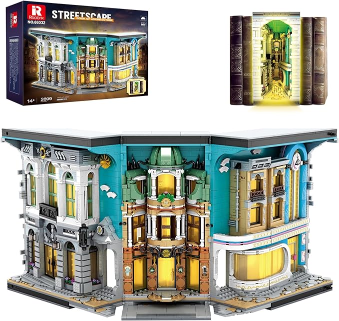 Reobrix Book Nook Building with Light Streetscape BookNook Building Kit 66032 for Bookshelf&ampHome Decor 2899 PCS Bookend Model Toy Gift for Adults 14+