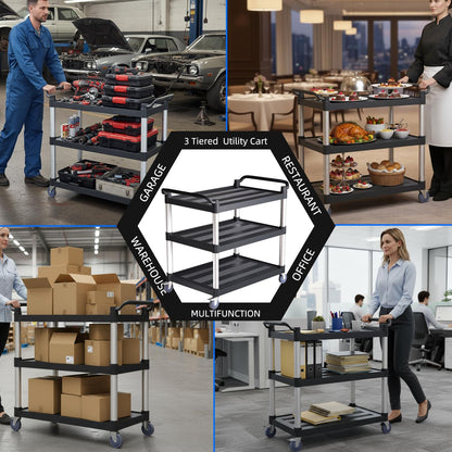Utility Cart with Tangle-Free Wheels, Large Size 3 Tier Rolling Service Cart with Wheels(2 with Brakes), Heavy Duty 450 Lbs Capacity,Commercial Serving Cart for Home, Office, Restaurant, Warehouse.