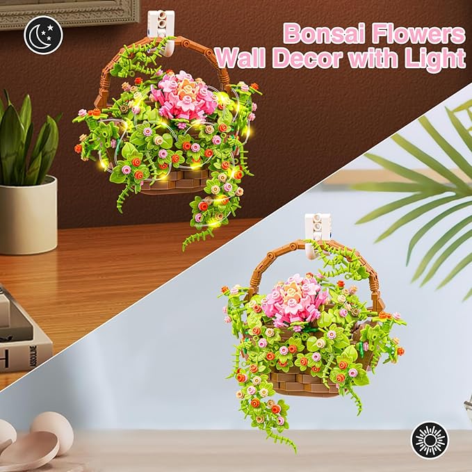 Flower Bouquet Building Set Flowers Basket Bonsai Plants with Light Botanical Collection Wall Decor Creative Building Toy Gift for Adults (691 PCS)