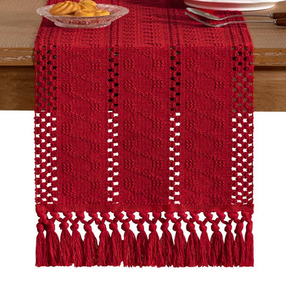 Socomi Boho Table Runner Summer Farmhouse Rustic Dining Kitchen Centerpiece Decor Small Macrame Woven Cotton Linen Coffee Table Runner for Dresser Scarf Home Decor 12x48 in Red