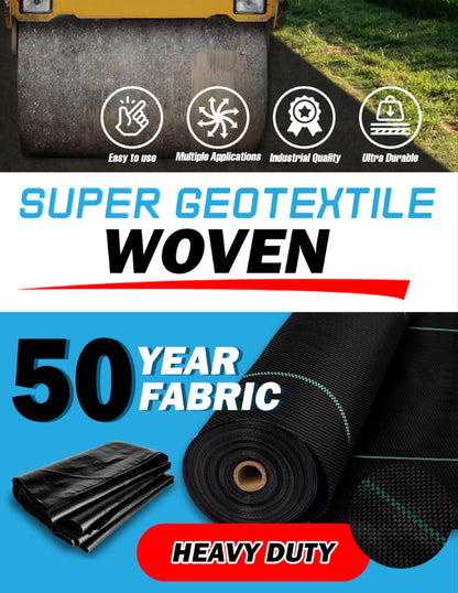 Super Geotextile Woven Geotextile Fabric for Driveway and Road Stabilization, Construction Underlayment, Erosion Control, Commercial Grade 50 Year for Gravel Roads and Pavers (12.5x100) Ships Folded