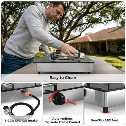 CAMPLUX 2 Burner Propane Stove, LPG Tempered Glass Auto Ignition Double Burner Portable Gas Stove Top, 19,000 BTU Propane Cooktop for Camping, CSA Regulator & Hose Included, estufa de gas portatil
