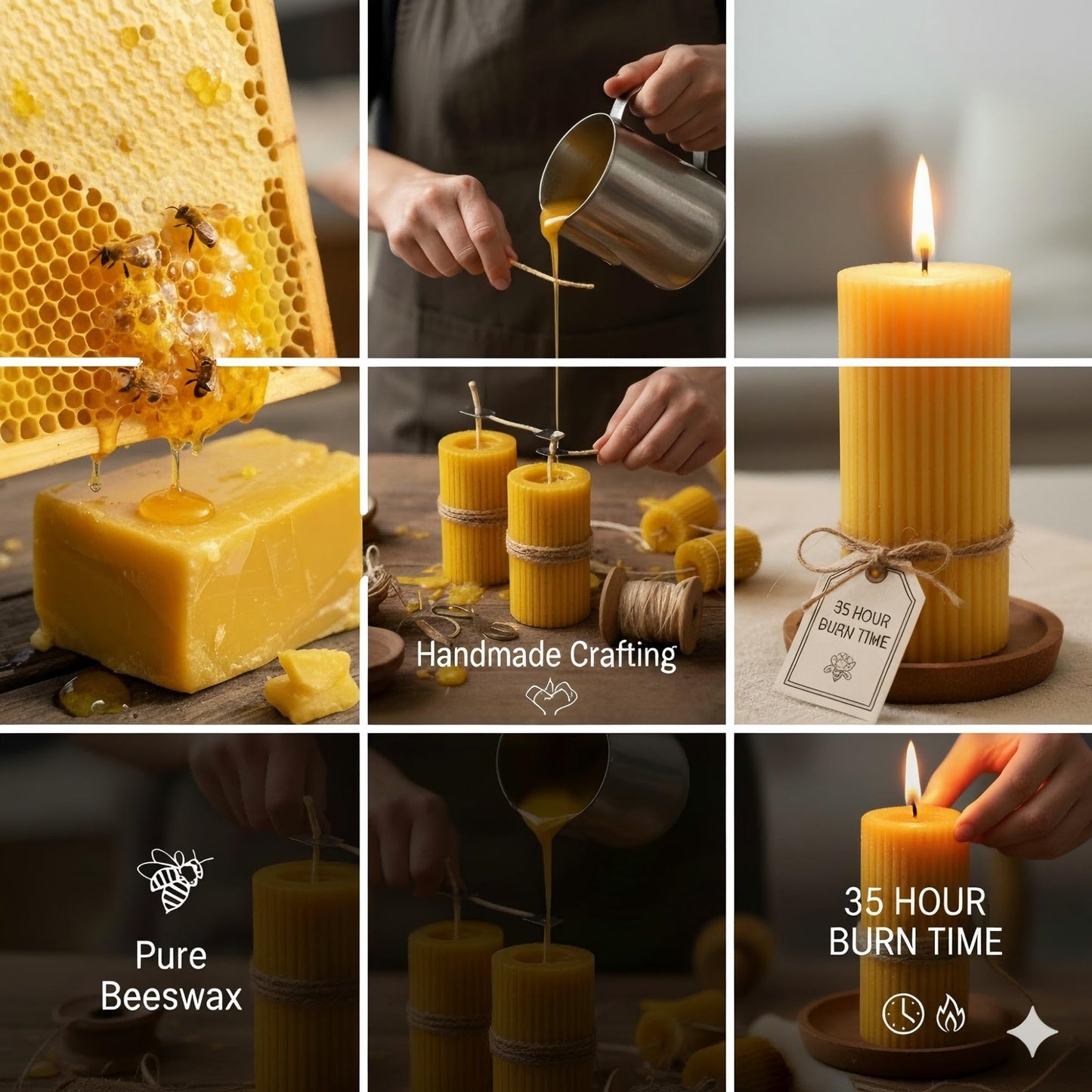 3 Pack Pure Beeswax Pillar Candles Bulk, Organic Ribbed Bees Wax Decorative Candles for Home Decor-1.96x3.85 Inch, Unscented Long Burning Natural Bees Wax Pillar Bulk Aesthetic Candles-105 Hours