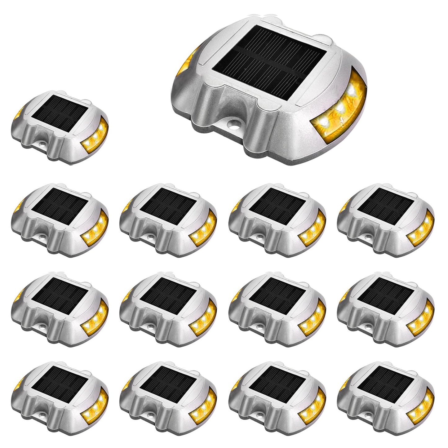 JIGUOOR Solar Deck Lights LED Driveway Lights Solar Powered Dock Light Outdoor IP68 Waterproof Road Markers for Step Sidewalk Stair Boat Garden Ground Pathway Yard (Yellow, 14 Pack)