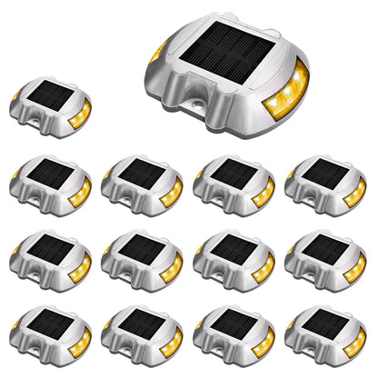 JIGUOOR Solar Deck Lights LED Driveway Lights Solar Powered Dock Light Outdoor IP68 Waterproof Road Markers for Step Sidewalk Stair Boat Garden Ground Pathway Yard (Yellow, 14 Pack)
