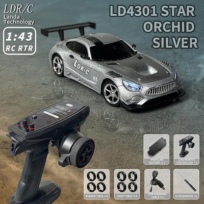 LDRC LD4301 1:43 Scale RC Drift Mini Car 2.4G Remote Control Car with Alloy Shell Built-in Gyroscope Mini Desktop Racing Vehicle for Indoor/Outdoor Play (Silvery)