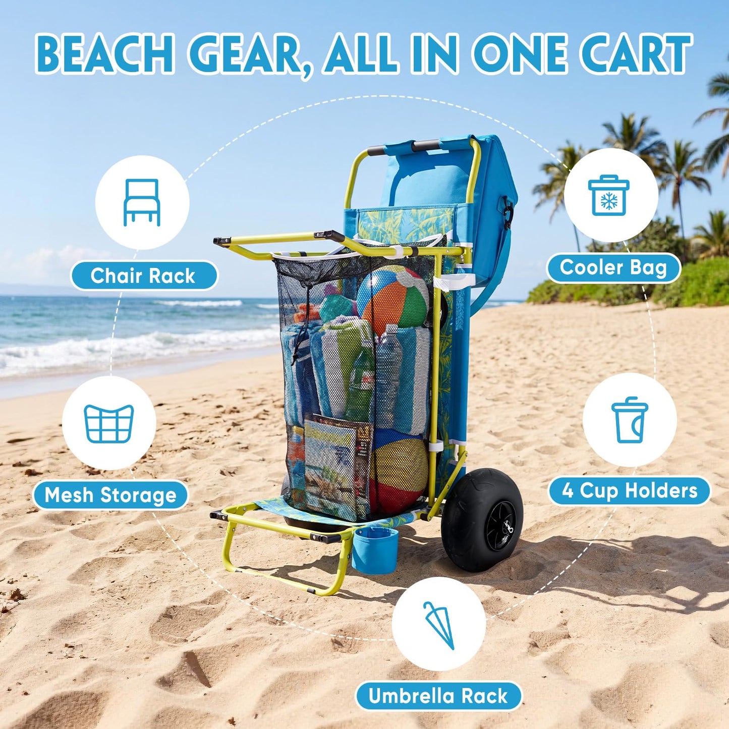 2-in-1 Beach Cart with Big Balloon Wheels for Sand, Folding Utility Wagon with Chair Holder, Cooler Bag, Mesh Storage, 4 Cup Holders, Umbrella Rack, Supports 100 lbs, Ideal for Beach, Camping, Picnic