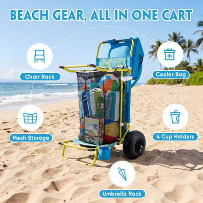 2-in-1 Beach Cart with Big Balloon Wheels for Sand, Folding Utility Wagon with Chair Holder, Cooler Bag, Mesh Storage, 4 Cup Holders, Umbrella Rack, Supports 100 lbs, Ideal for Beach, Camping, Picnic