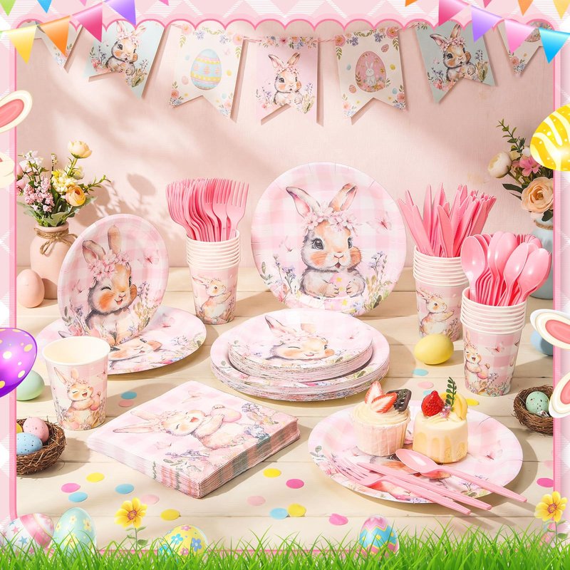 Honeydak 210 Pcs Pink Bunny Party Supplies for 30 Guests, Includes Spring Rabbit Plates, Cups, Napkins, Cutlery - Cute Pink Bunny Tableware Decoration for Baby Shower Easter Party