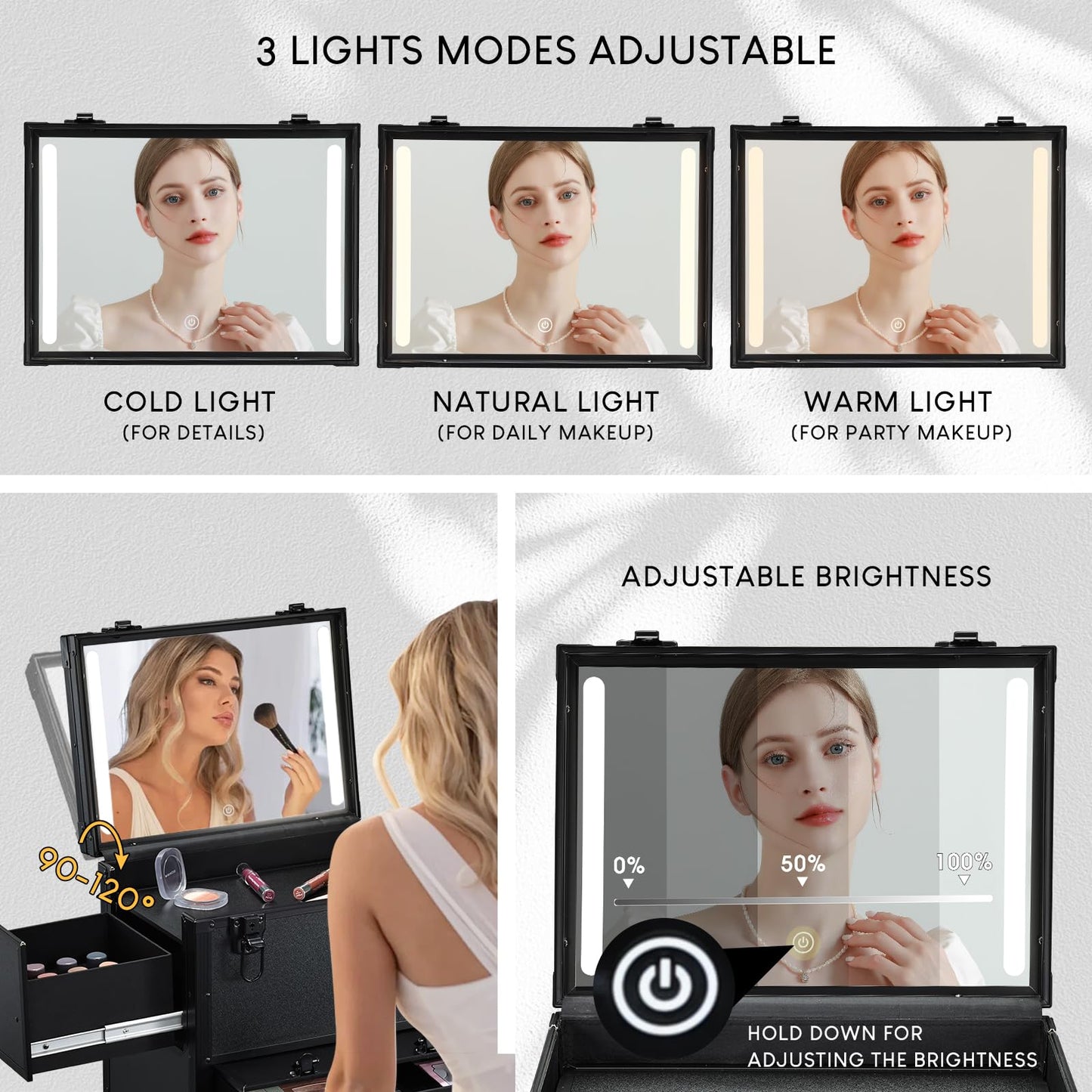 Faquenc Rolling Makeup Case with lighted mirror, Cosmetology Case on Wheels with LED Mirror, Professional Salon Trolley Cart with Drawer,Travel Makeup Lockable Beauty Organizer with Live Stream Light
