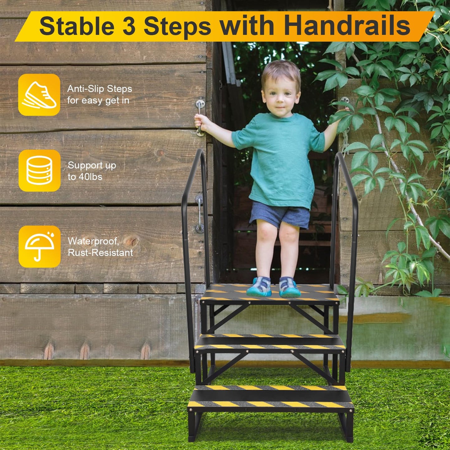 TOCRETOARE RV Steps with Handrail, Hot Tub Steps with Handrail, Portable Stairs Steps for 5th Wheel RV, Mobile Home Stairs Outdoor RV Step (3 Steps with 2 Handrails)