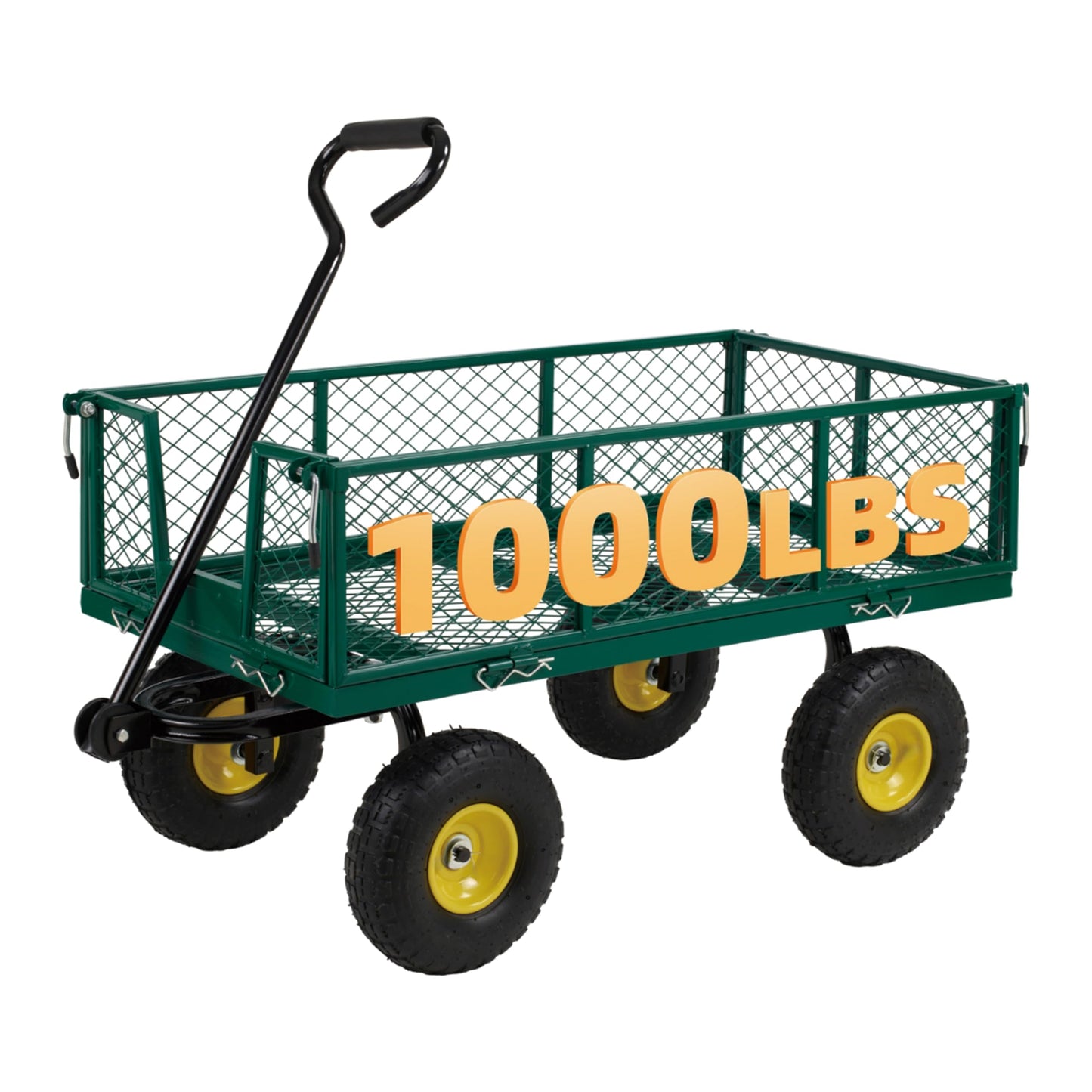 Finnhomy Heavy Duty 1000 Lbs Capacity Mesh Steel Garden Cart, Pullable Garden Wagons Carts on Wheels, Folding Utility Wagon with Removable Sides for Outdoor, Yard, Lawn, Green
