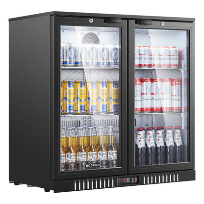 BODEGACOOLER 35.4 Inch Under Counter Beverage Refrigerator, 2 Door Back Bar Cooler, Dual Zone 32–50°F, 7.4 Cu.Ft Built-in or Freestanding Glass Door Fridge with LED Lighting, Holds 216 Cans/62 Bottles