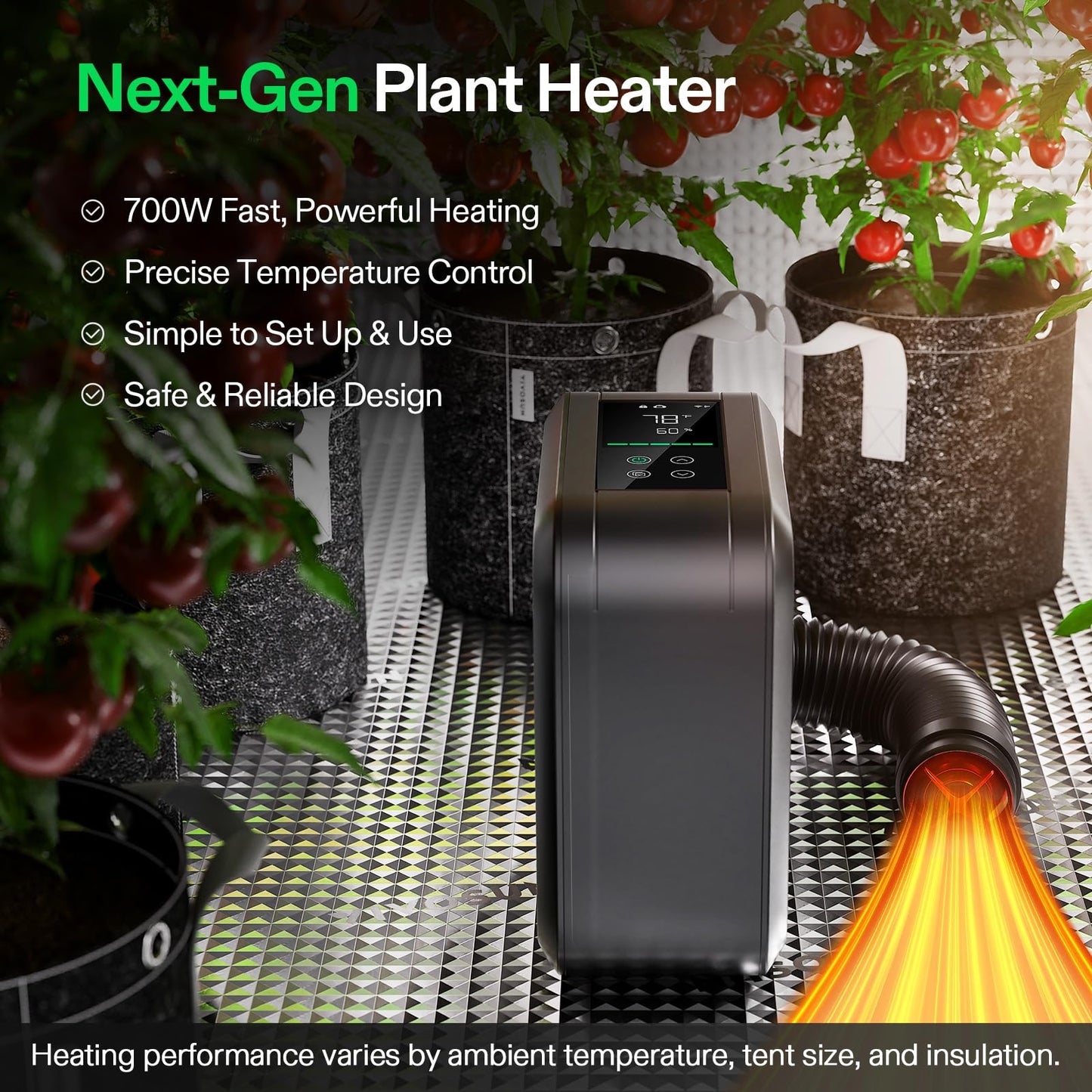 VIVOSUN AeroFlux Smart Grow Tent Heater with Thermostat, 700W PTC Heating, Compact & Portable with VPD, APP Control & Overheat Protection, Included Extension Hose for Grow Tents, Rooms, Greenhouses