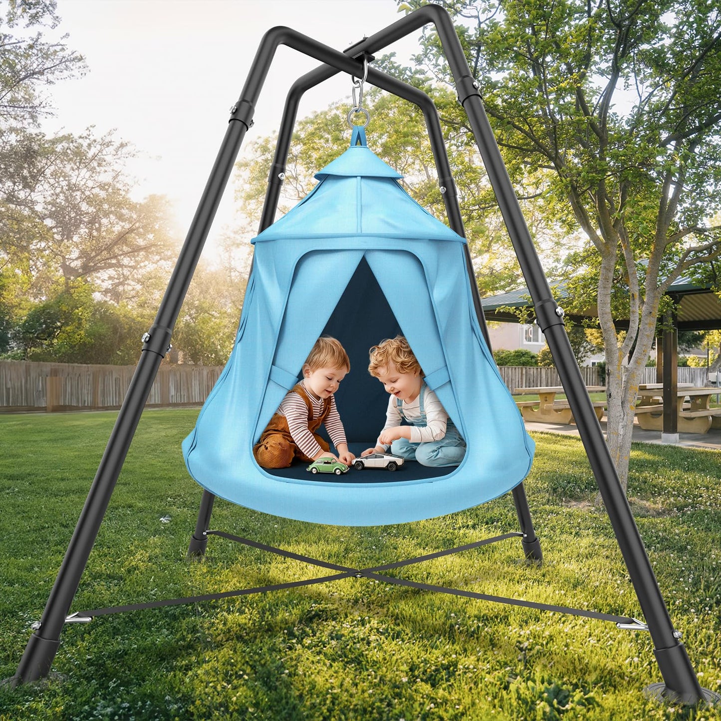 Swing Set with Tent Swing, Hanging Tree Tent w/Swing Frame, X-Shaped Swing Stand with Tent Swing, Tent Swing Chair, 330 lbs, w/Rainbow Lights String, Indoor Outdoor Use (Light Blue)