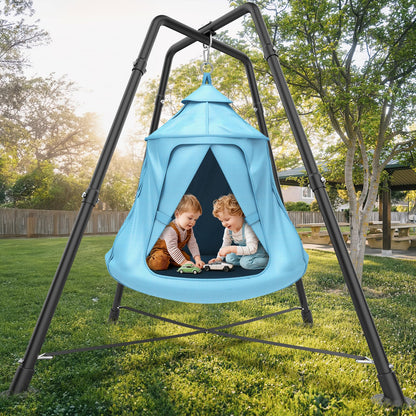 Swing Set with Tent Swing, Hanging Tree Tent w/Swing Frame, X-Shaped Swing Stand with Tent Swing, Tent Swing Chair, 330 lbs, w/Rainbow Lights String, Indoor Outdoor Use (Light Blue)