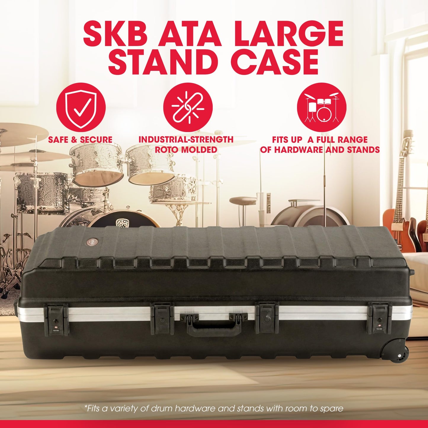 SKB ATA Large Stand Case with Wheels & TSA Latches - Durable Transport Solution for Equipment, 48x16.25x13 Inches, Over-Molded Handle, Secure Straps, Field-Replaceable Parts
