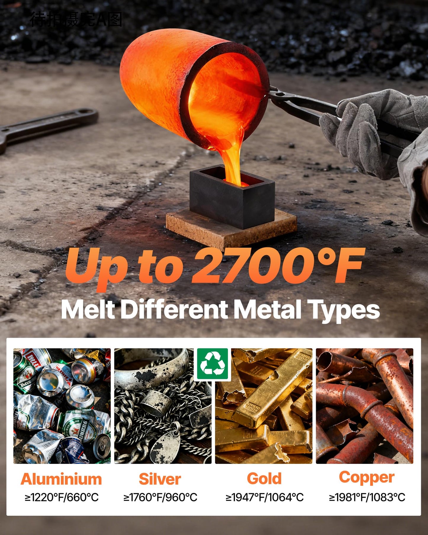 VEVOR 6KG Propane Melting Furnace Kit, Large Capacity Foundry Home Kilns, Blacksmithing Forge with Crucible & Tongs Kiln, Stainless Steel, for Metal Scrap Recycle, Gold Copper Silver Casting