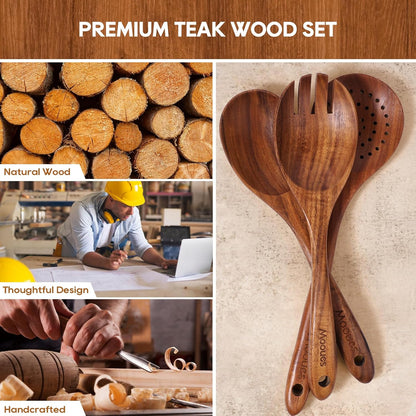 Skiennix Wooden Spoons - 10PCS Teak Wood Cooking Utensil Set with Hooks | Smooth Finish, Heat Resistant