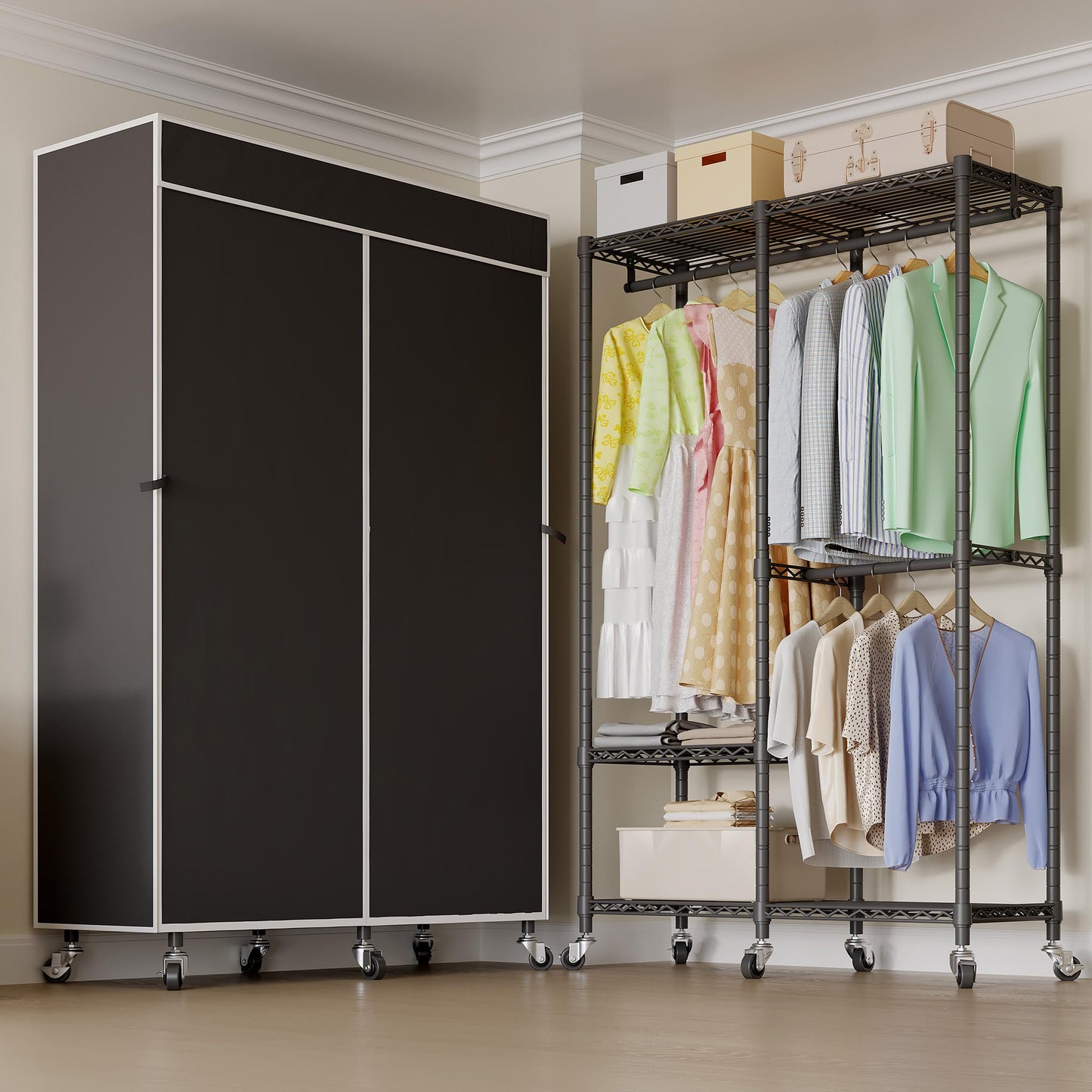 Higeego H9 Garment Rack with Cover, Heavy Duty Clothing Rack for Hanging Clothes, Portable Closet with wheels, Wardrobe Closet with Adjustable Shelves, Black Rack Shelf with Black Fabric Cover